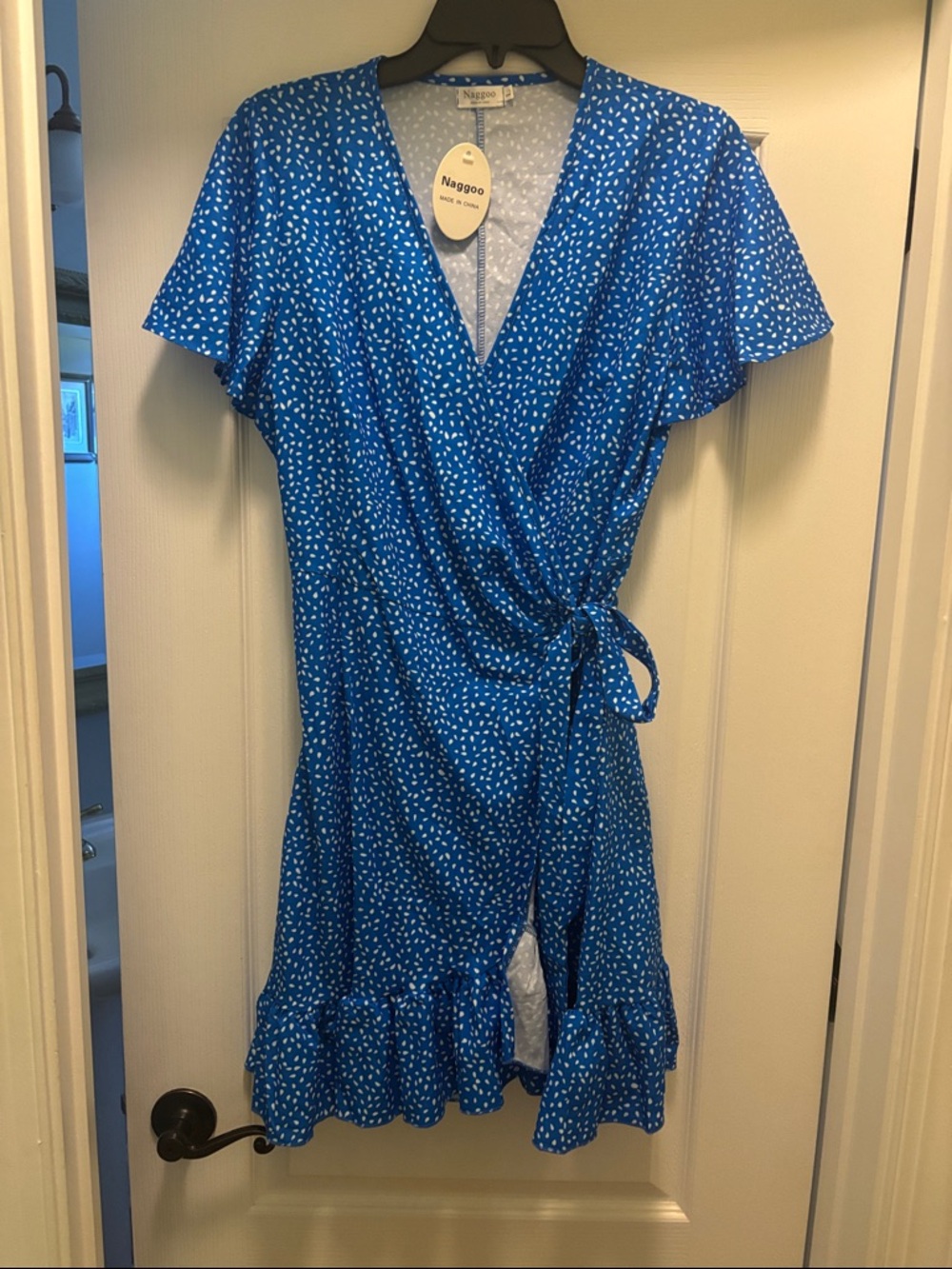 Naggoo Blue Wrap Dress with White Dot Print